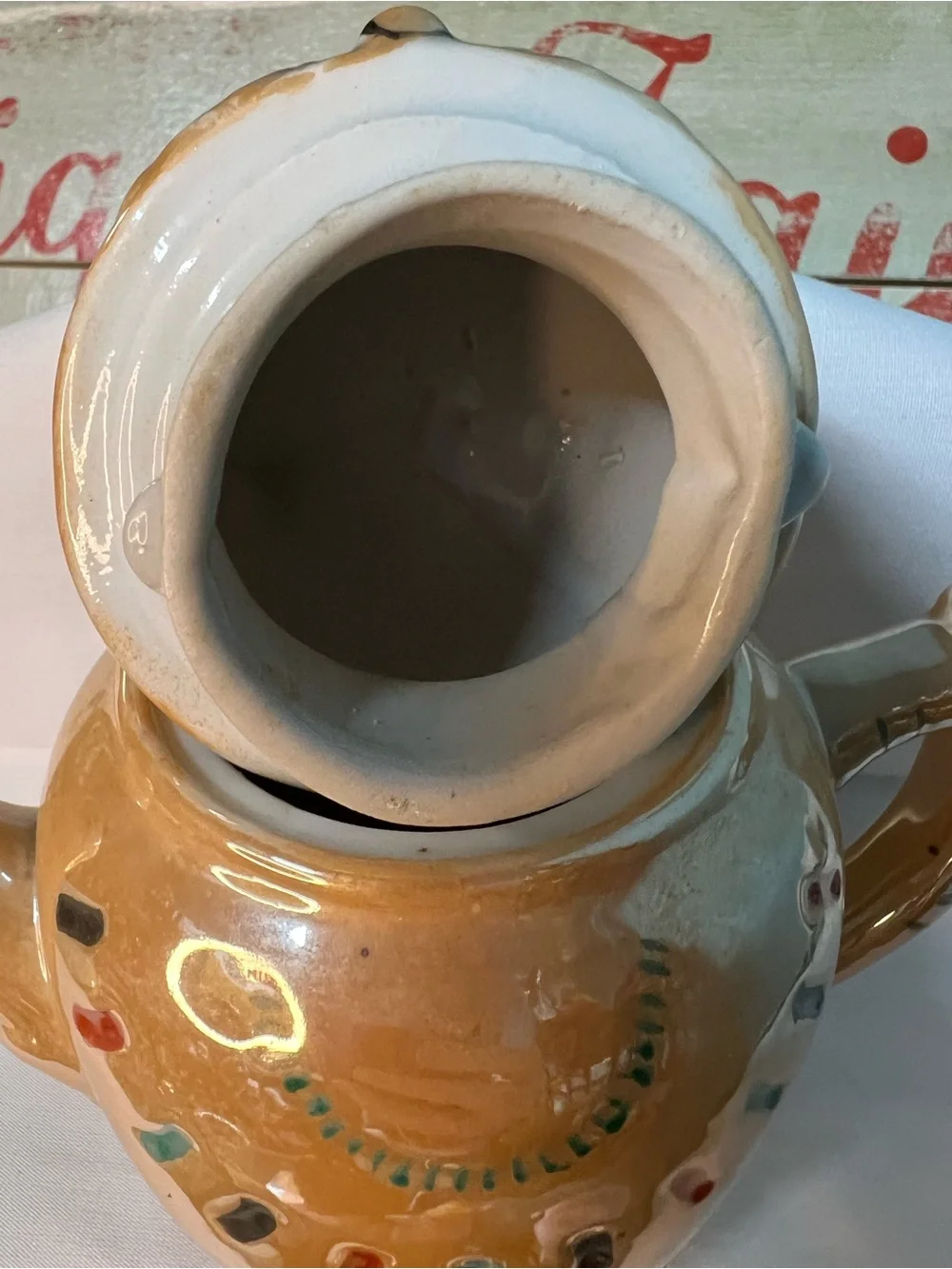 Kitschy Orange Lustreware Owl Teapot